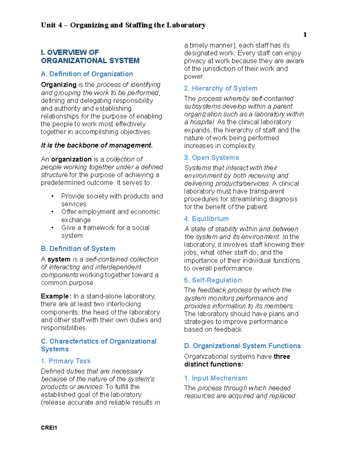 Unit 4: Organizing and Staffing in Clinical Laboratories CREI1-8 - Studocu