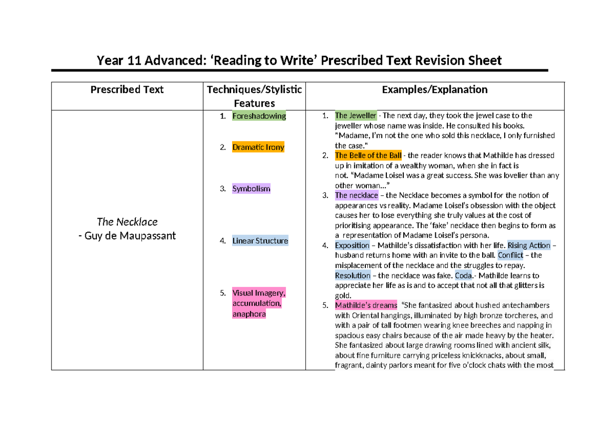Year 11 Advanced - Prescribed Text Revision Sheet (2) - Year 11 ...