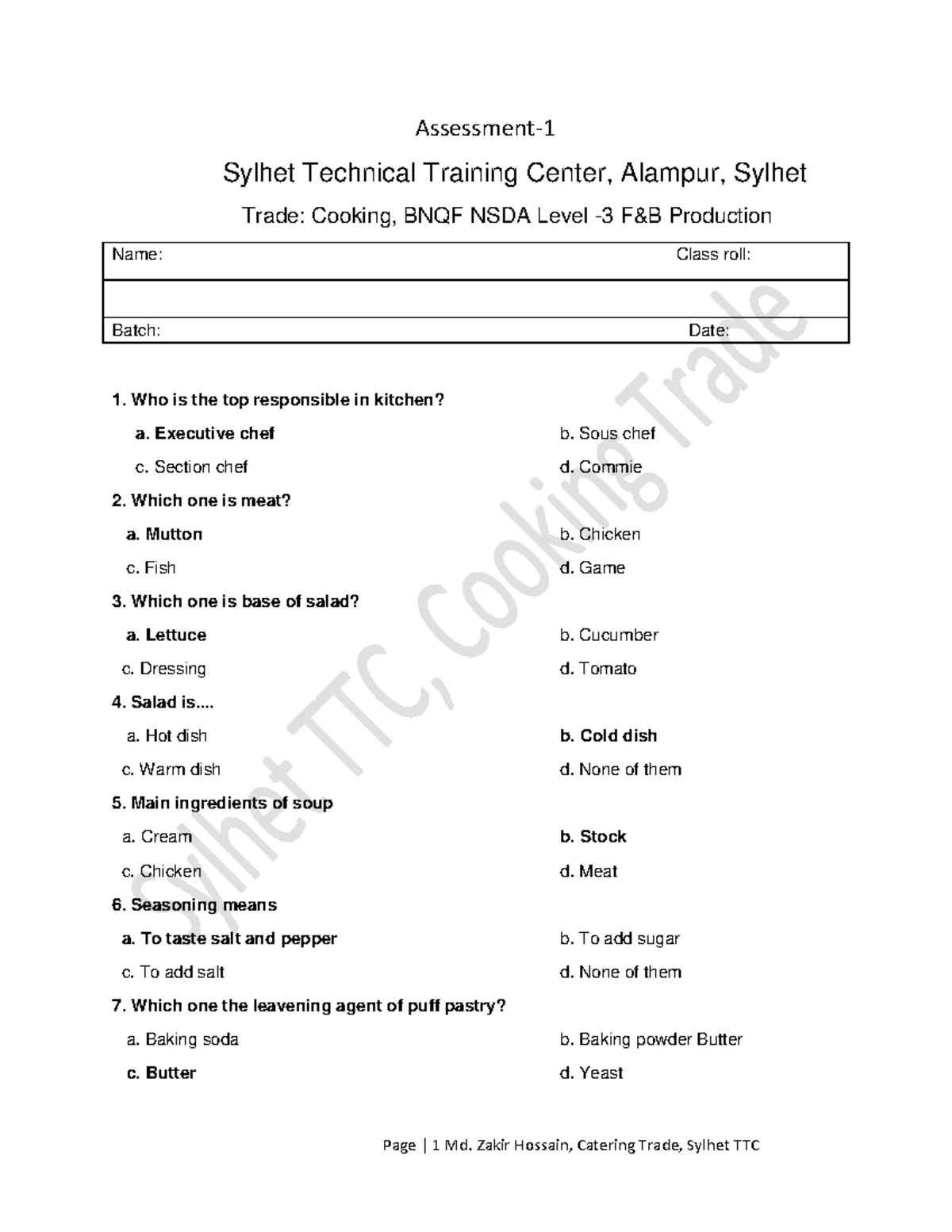 Cooking trade assessment answers: NSDA level 4 - Studocu