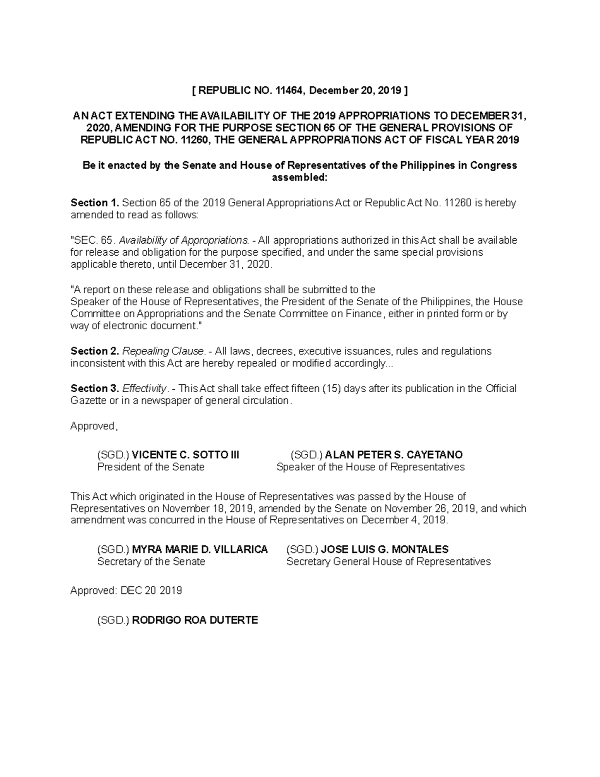 Republic Act No. 11464 - Summary Notes on Appropriation Extension - Studocu