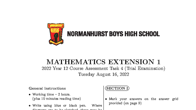 2022 Normanhurst BHS Mathematics Ext 1 Trial Exam Paper - Studocu