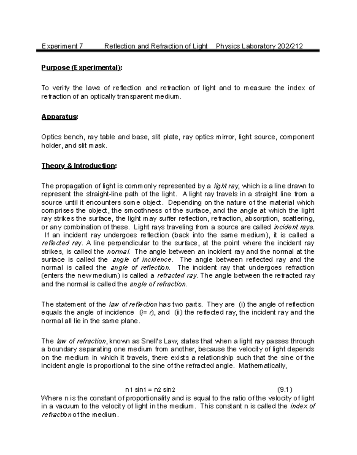 Reflection+and+Refraction+of+Light - Experiment 7 Reflection and ...