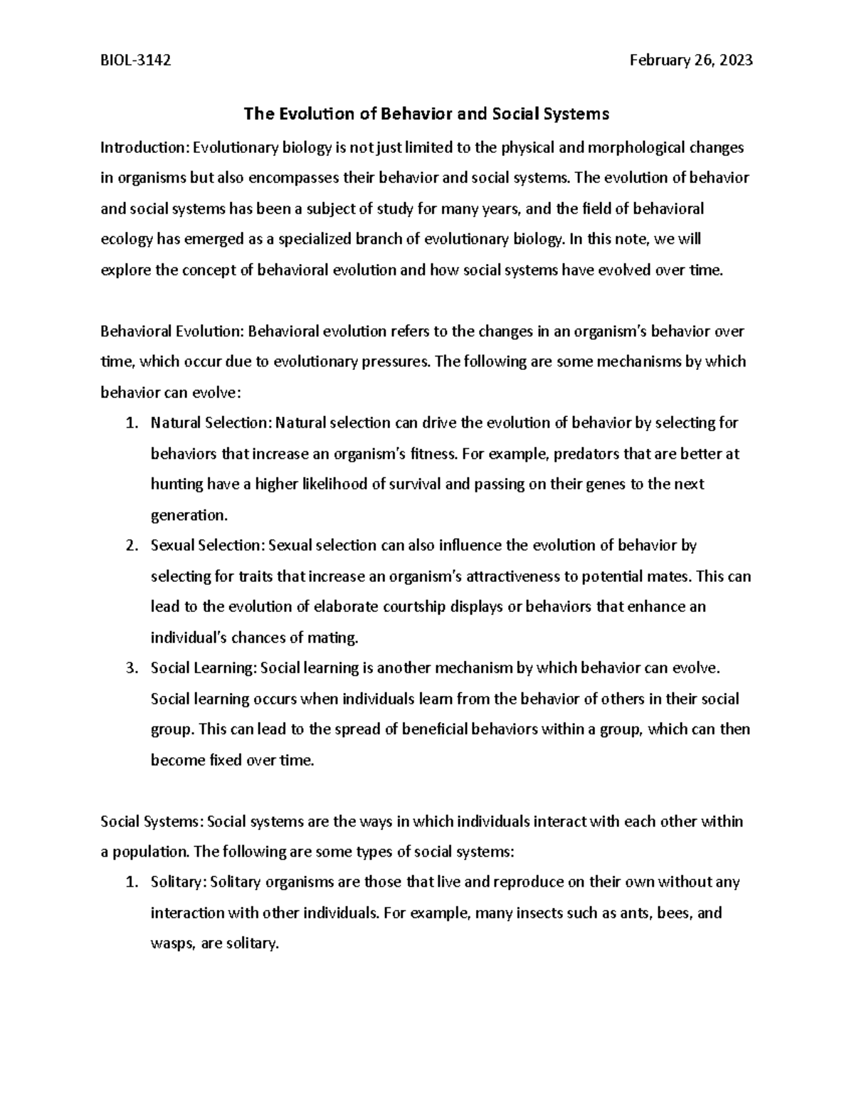 The Evolution of Behavior and Social Systems - BIOL-3142 February 26 ...
