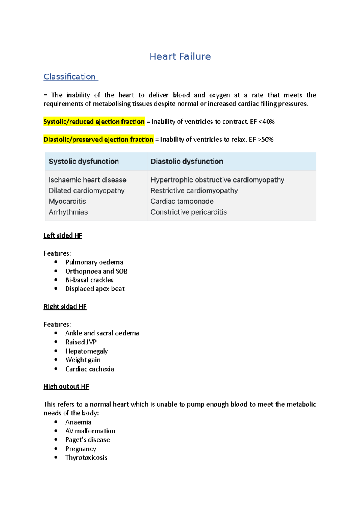 Heart Failure - Cardiology - HF Revision Notes & Management Guide - Studocu