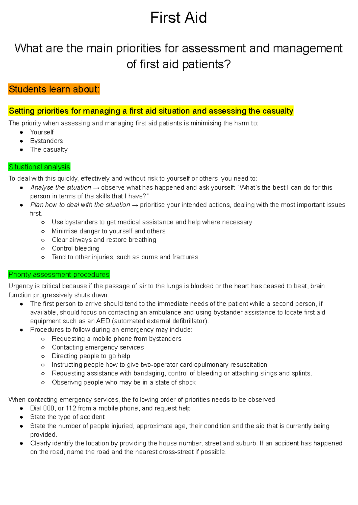 YR11 - First Aid - Assessment & Management Priorities - Studocu