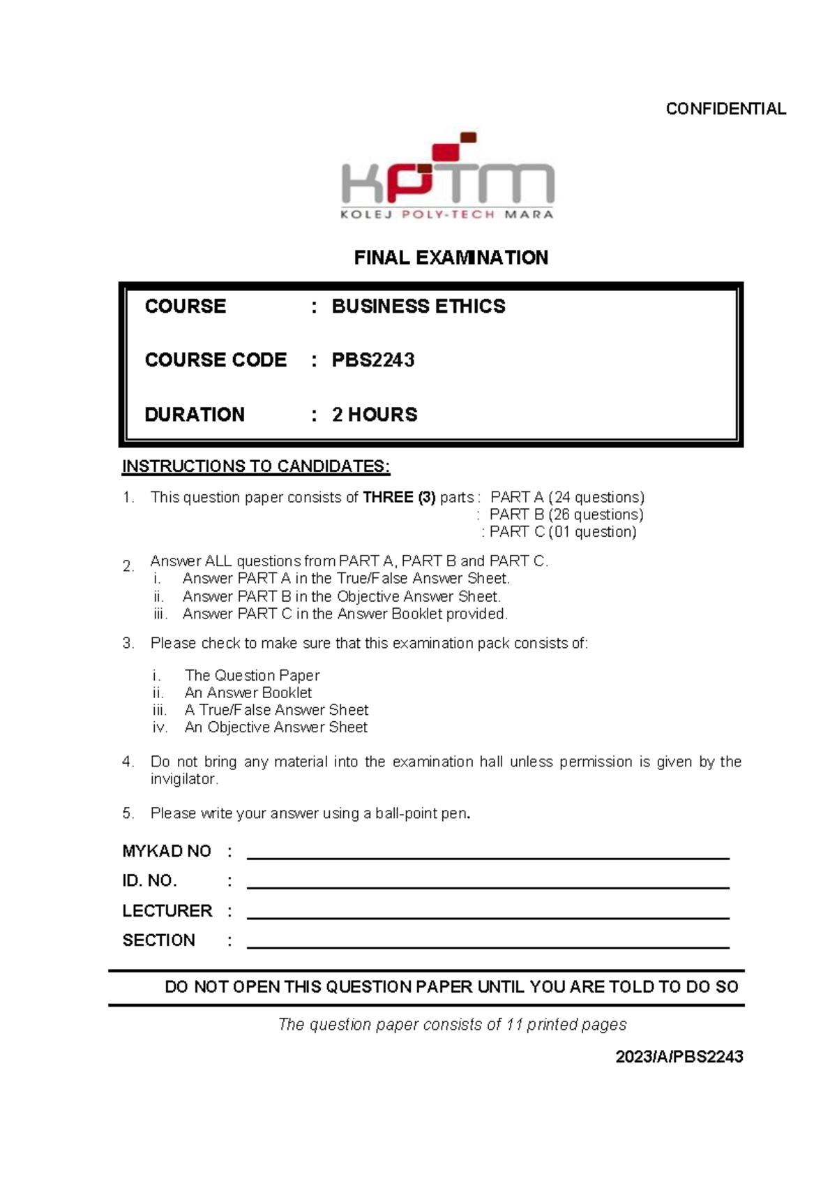 PAST YEAR 1 - abcdef - FINAL EXAMINATION INSTRUCTIONS TO CANDIDATES: 1 ...