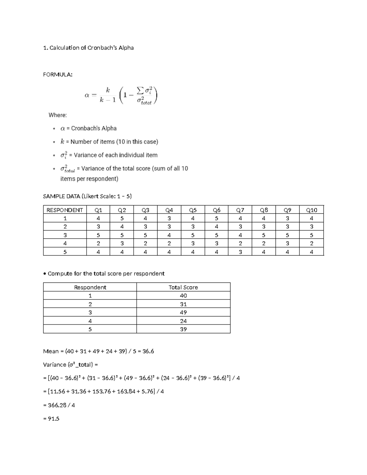 Calculation of Alpha: Sample Data Analysis (Likert Scale) - Studocu