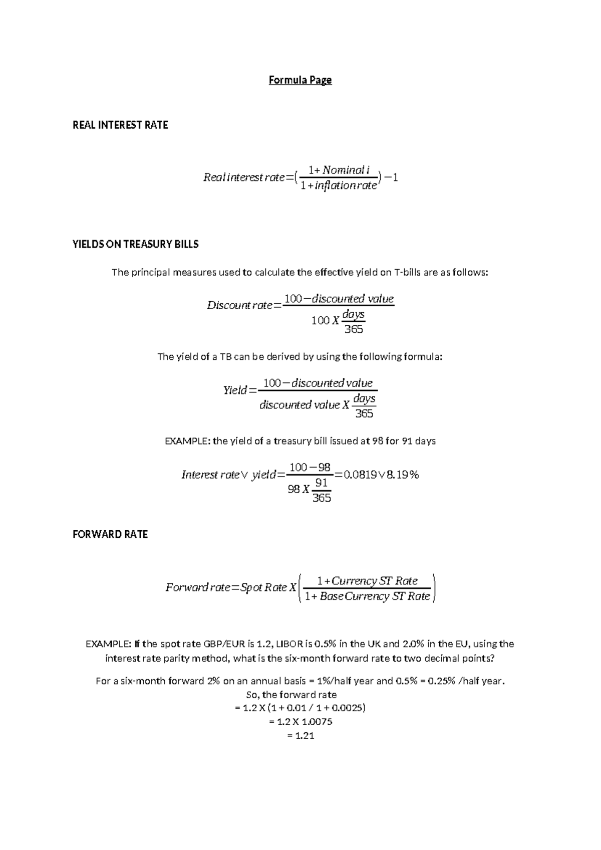 Formulas for REAL INTEREST RATE & Treasury Bill Yields - Studocu