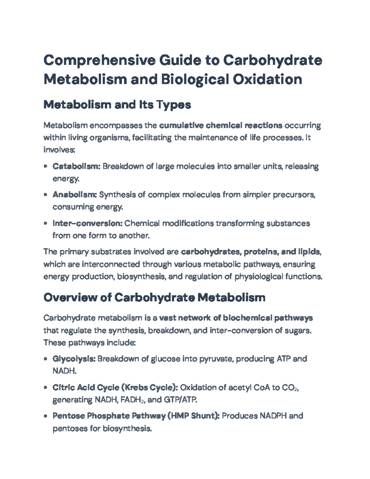 Comprehensive Overview of Carbohydrate Metabolism and Oxidation (BIO ...