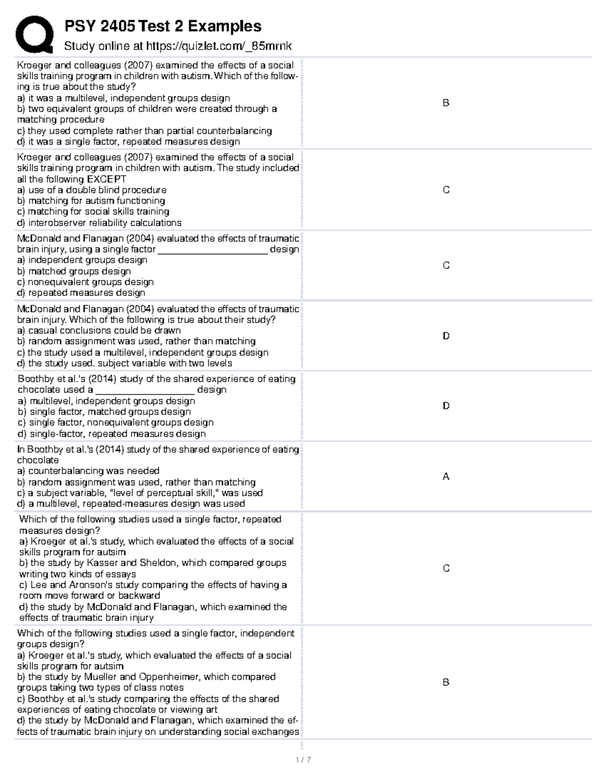PSY 2405 Test 2 Examples Study: Key Concepts and Design Types - Studocu