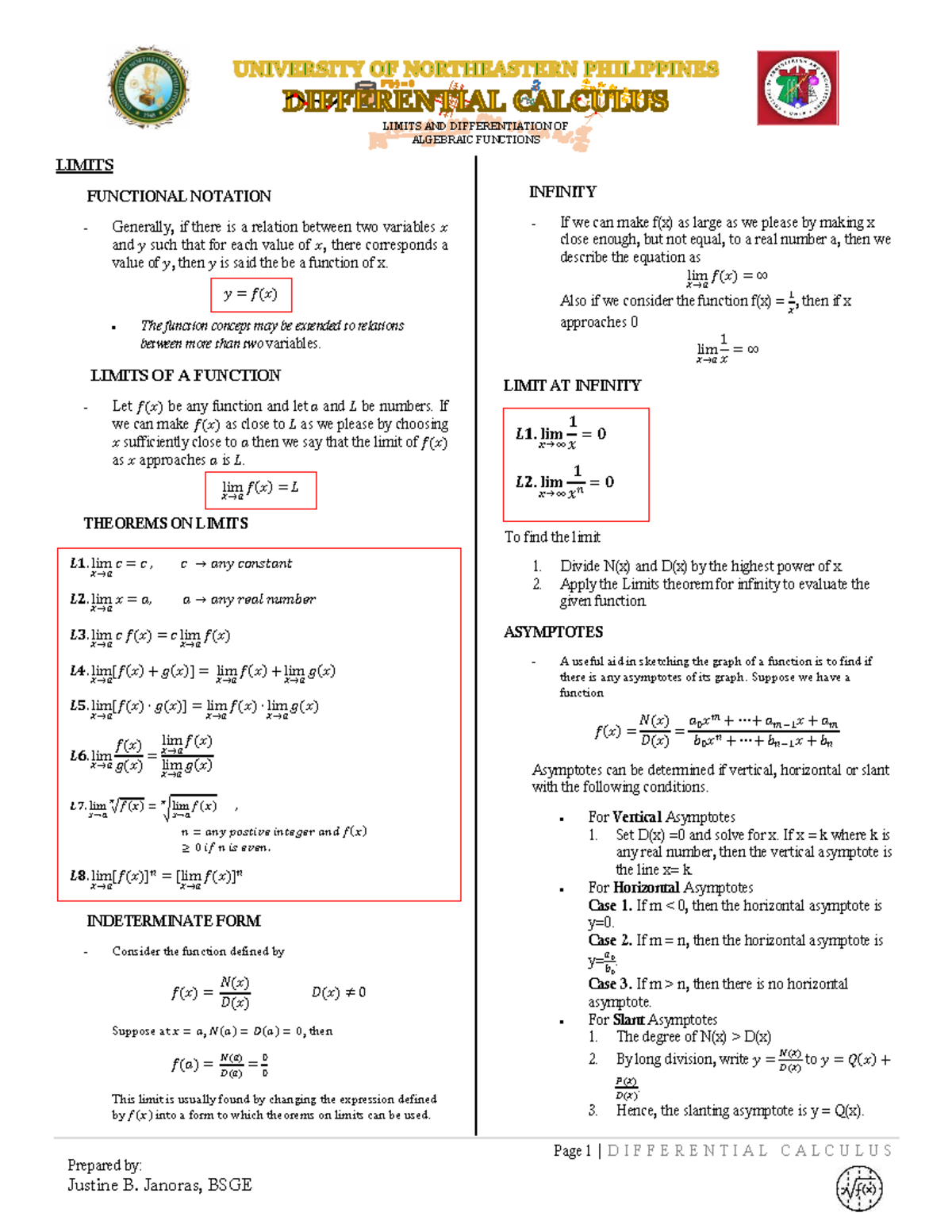 Differential Calculus Limits and Differentiation of Algebraic Functions ...