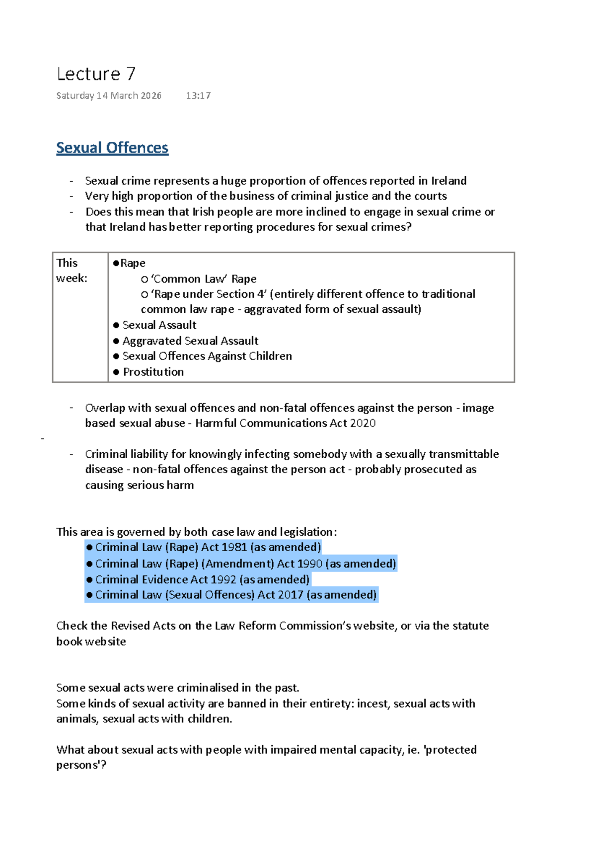 Lecture 7: Sexual Offences Overview - Criminal Law (Rape) Act 1981 ...