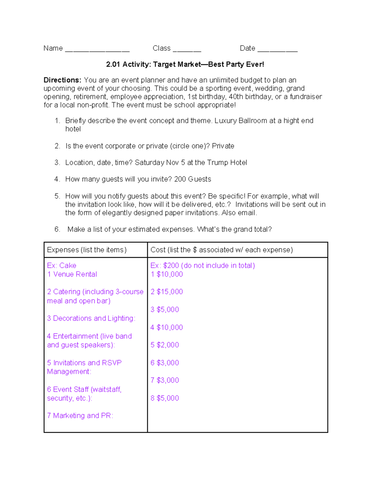 2.01 Activity: Planning the Ultimate Event Experience - Studocu