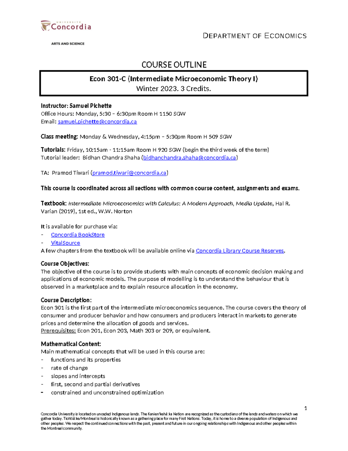 Econ 301 - Syllabus for Intermediate Microeconomic Theory I (Winter ...