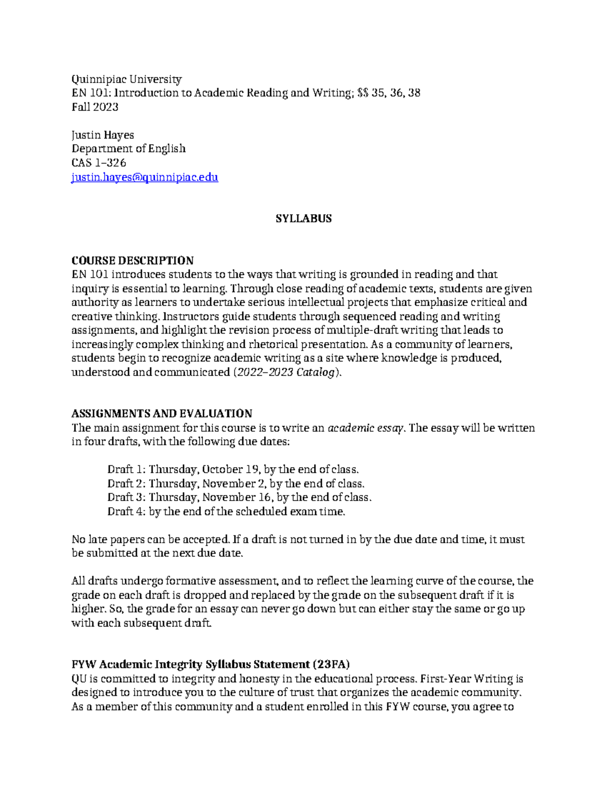 Quinnipiac University EN 101: Academic Reading Syllabus Fall 2023 - Studocu