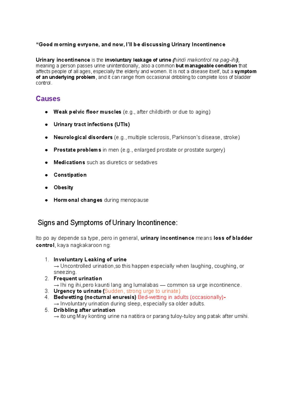 Urinary Incontinence Overview - MS Report on Causes & Management - Studocu