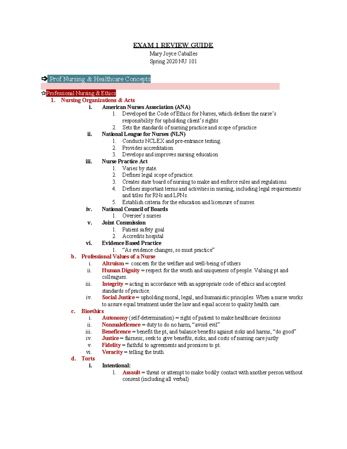 NU 101 Exam 1 Review Guide: Nursing Healthcare Concepts & Ethics - Studocu