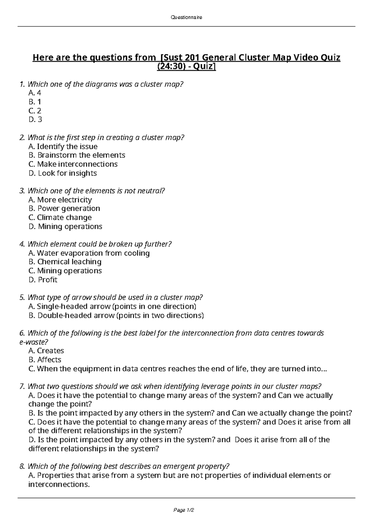 Sust 201 General Cluster Map Video Quiz Questions and Answers - Studocu