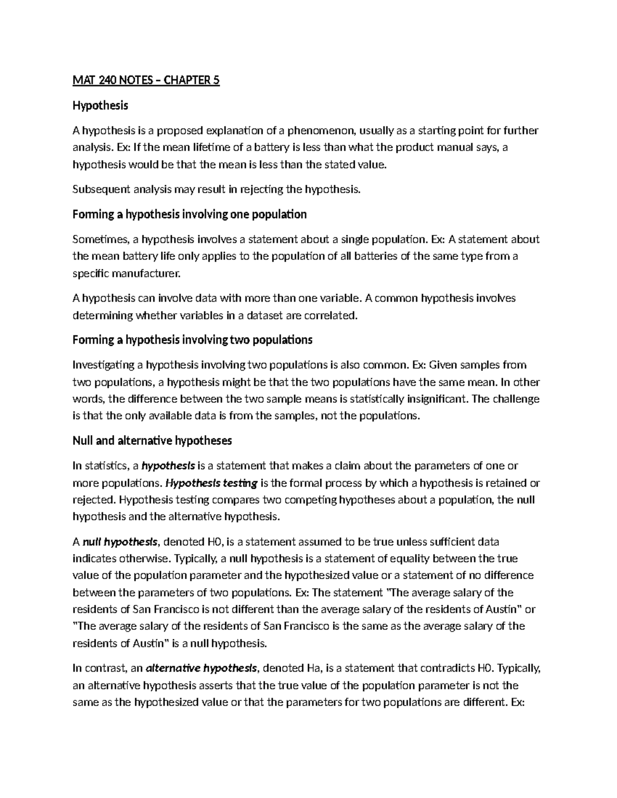 MAT 240 NOTES: Chapter 5 - Understanding Hypothesis Testing - Studocu