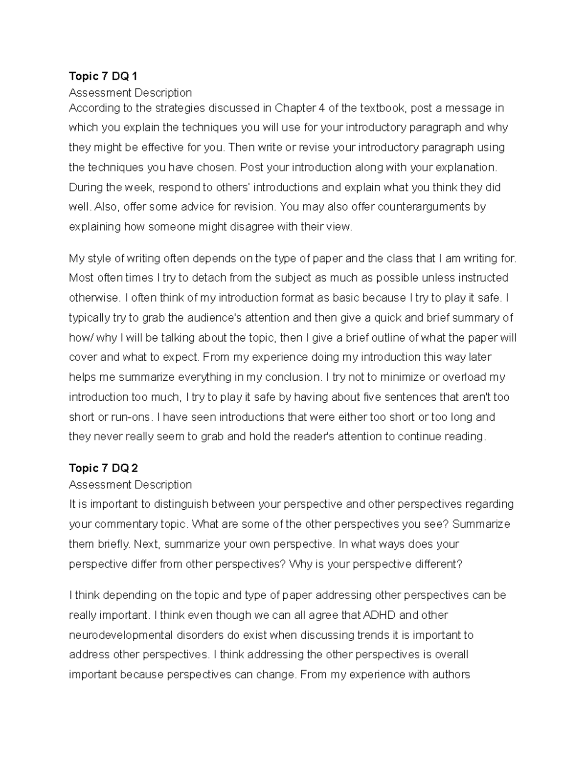 Eng 105 week 7 - Topic 7 Discussion Questions 1 and 2 - Topic 7 DQ 1 ...