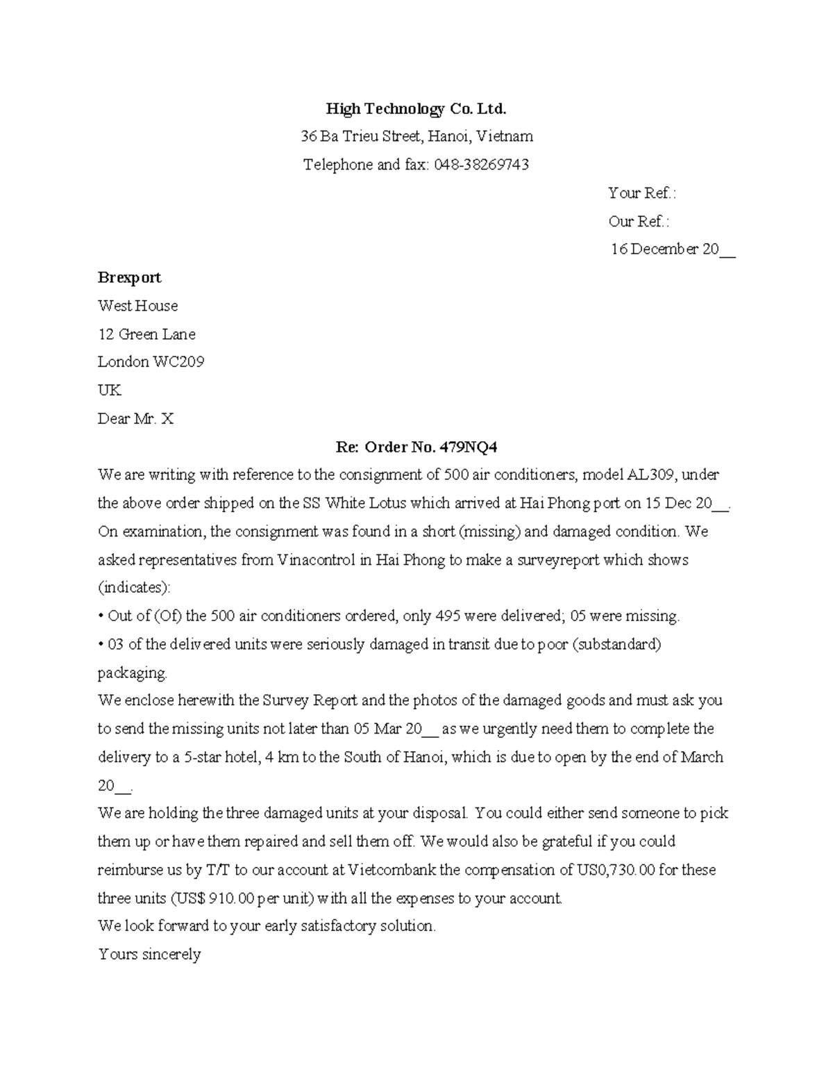 Re: Order No. 479NQ4 - Damaged and Missing Air Conditioners Report ...