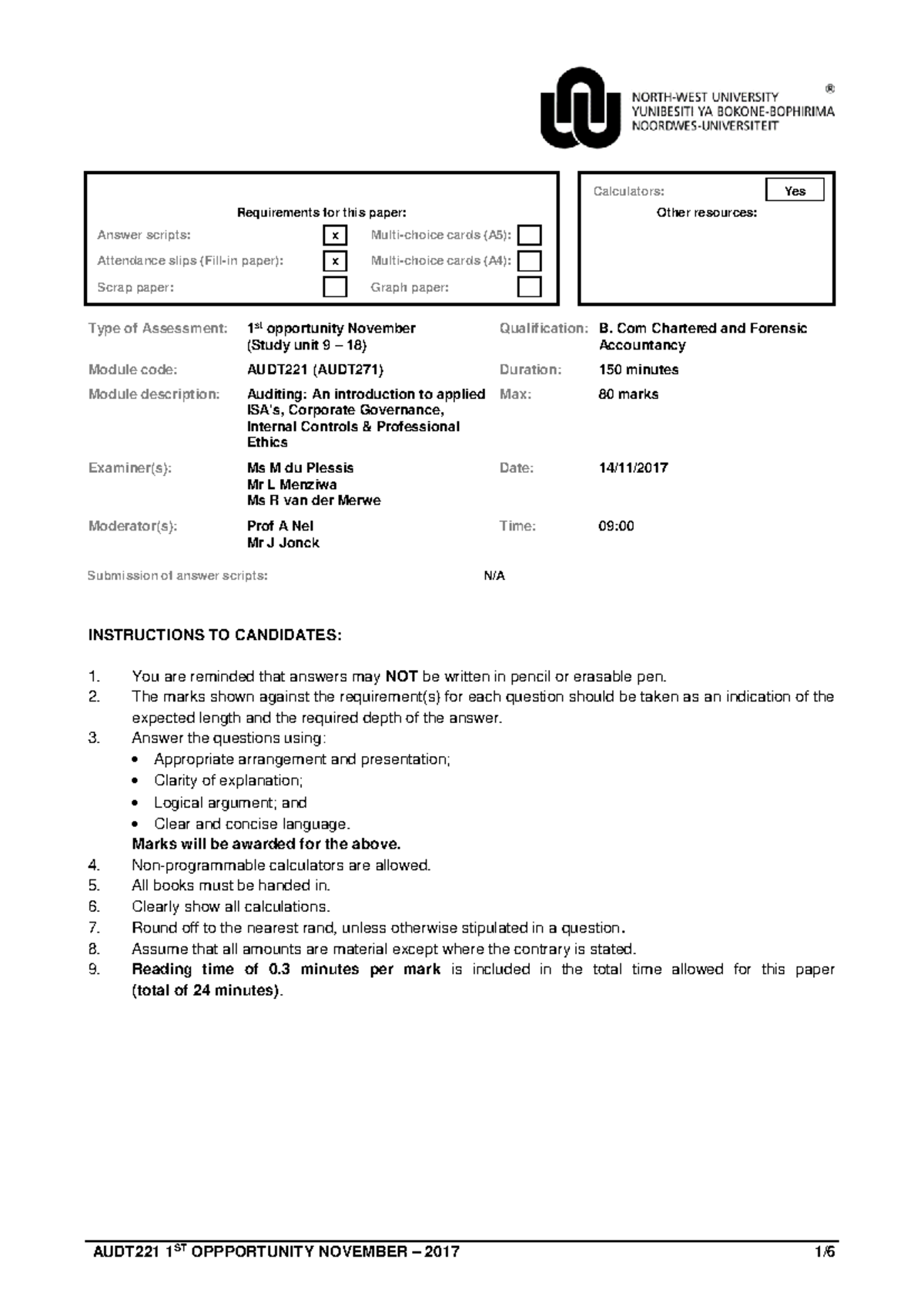 AUDT221 Nov 1st opp 2017 ENG - Calculators: Yes Requirements for this ...