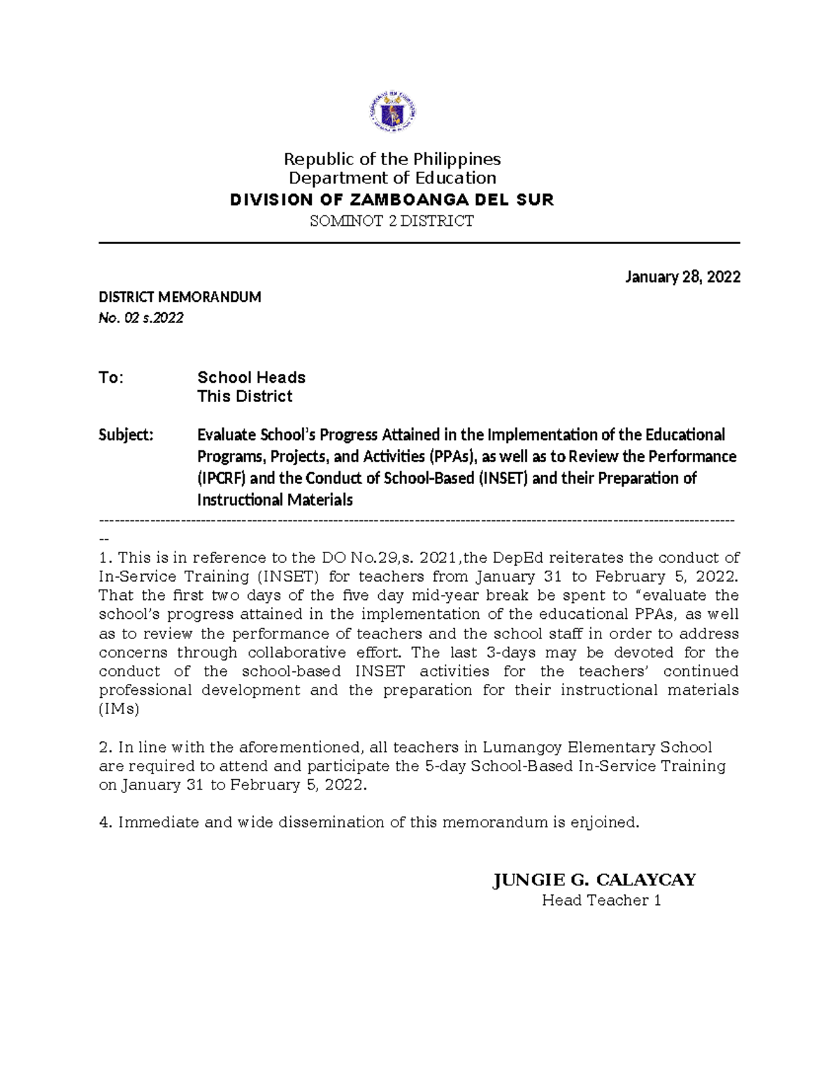 Activity Proposal Inset 2022 - Republic of the Philippines Department ...