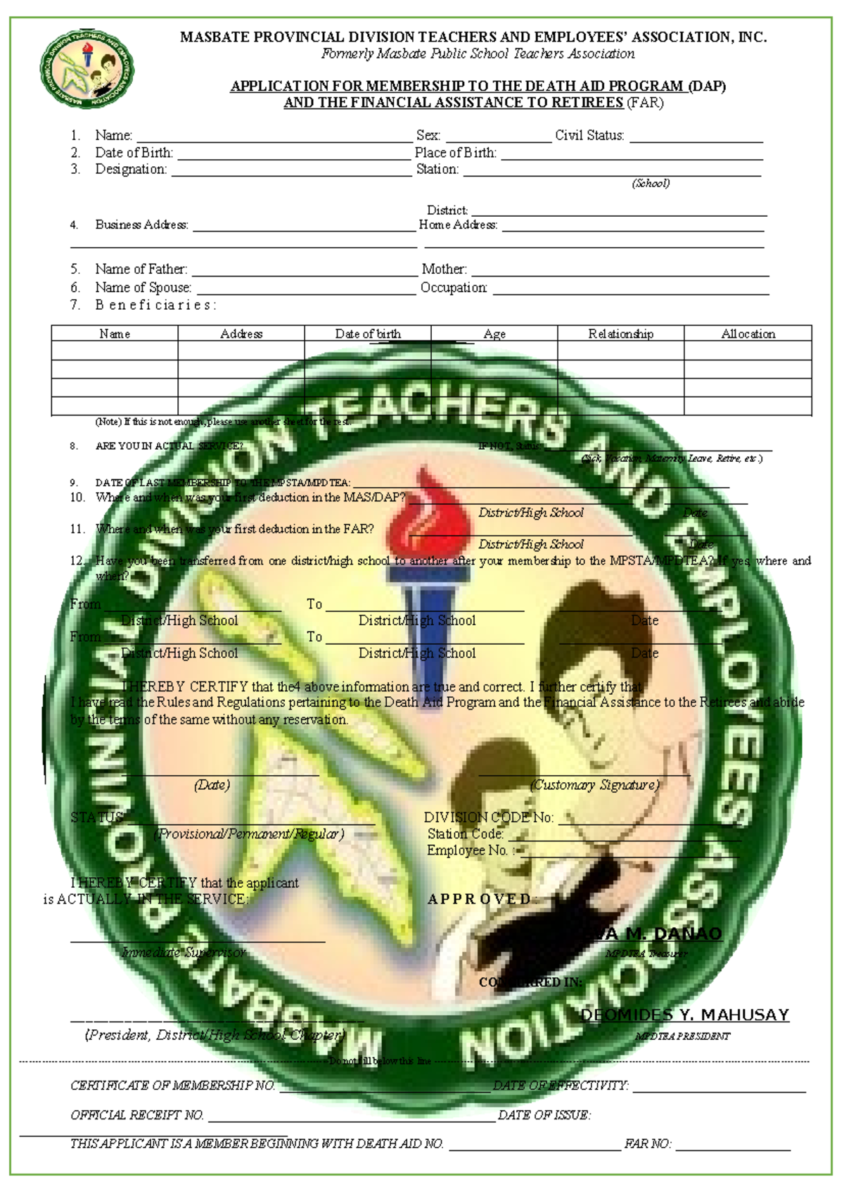 MPDTEA Membership Application for Death Aid and Retiree Assistance ...