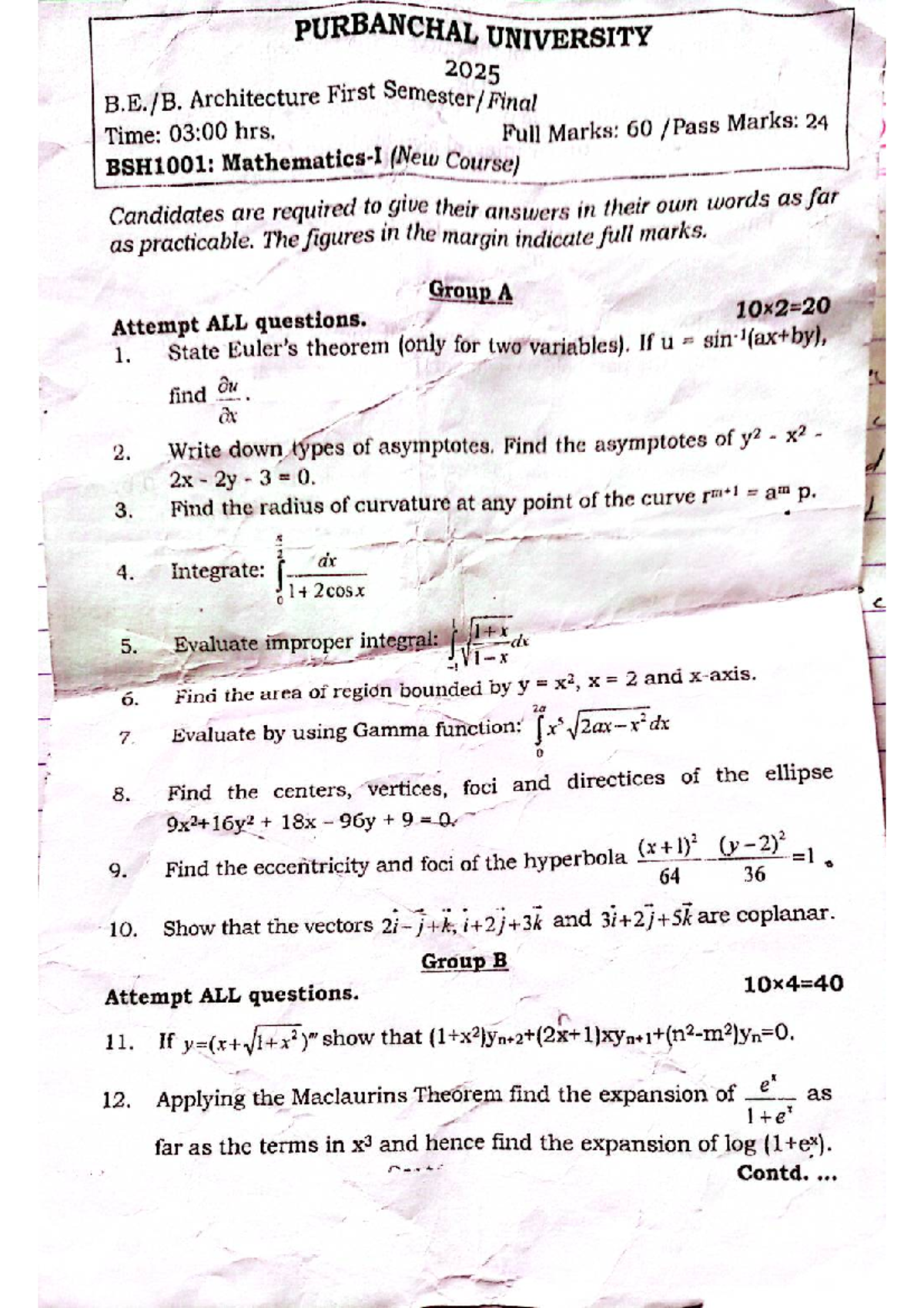2025 BSH1001 Maths I Sem Exam Questions and Solutions - Studocu