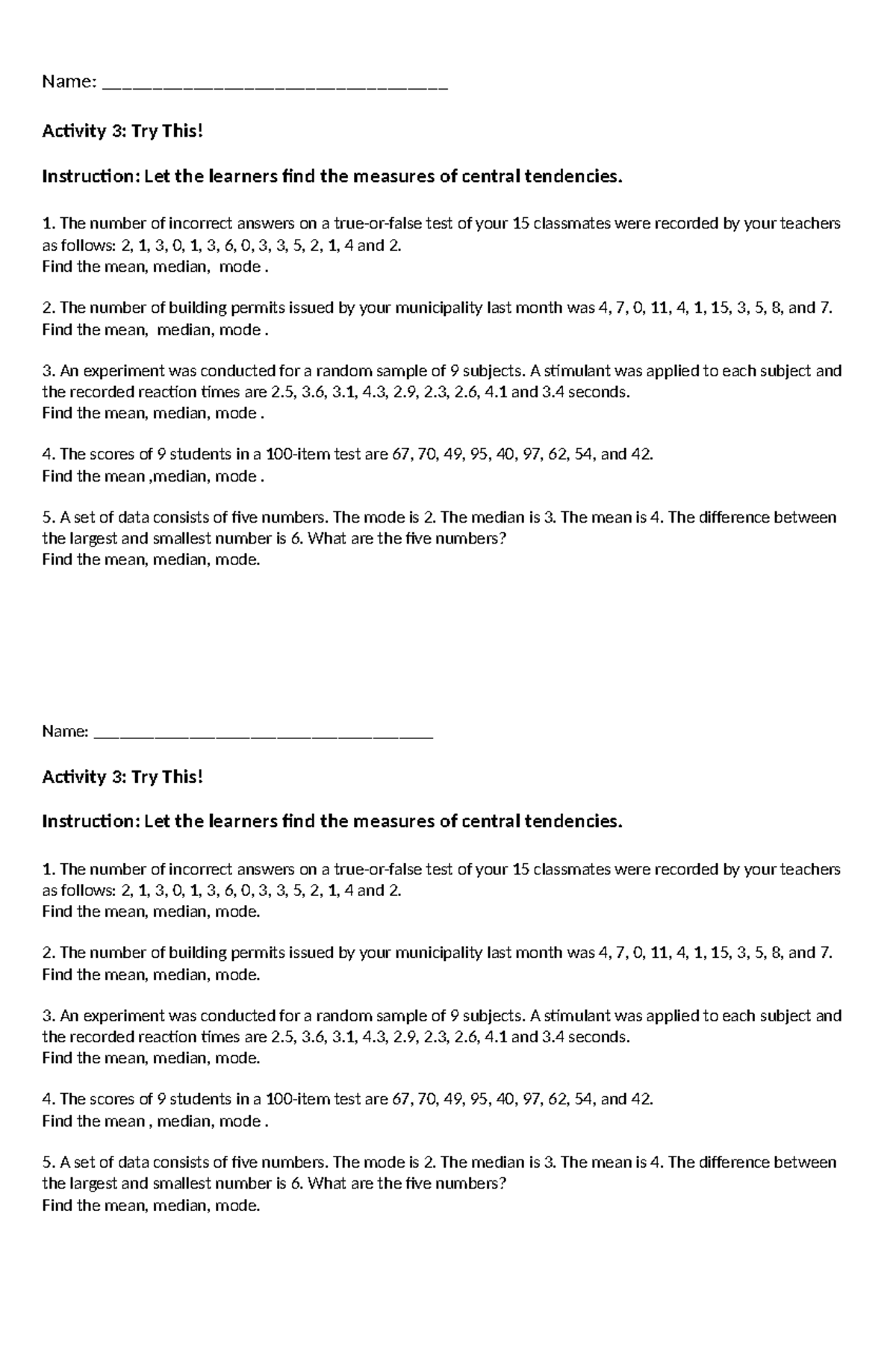 Measures of Central Tendency Activity 3: Try This! LAS - Studocu
