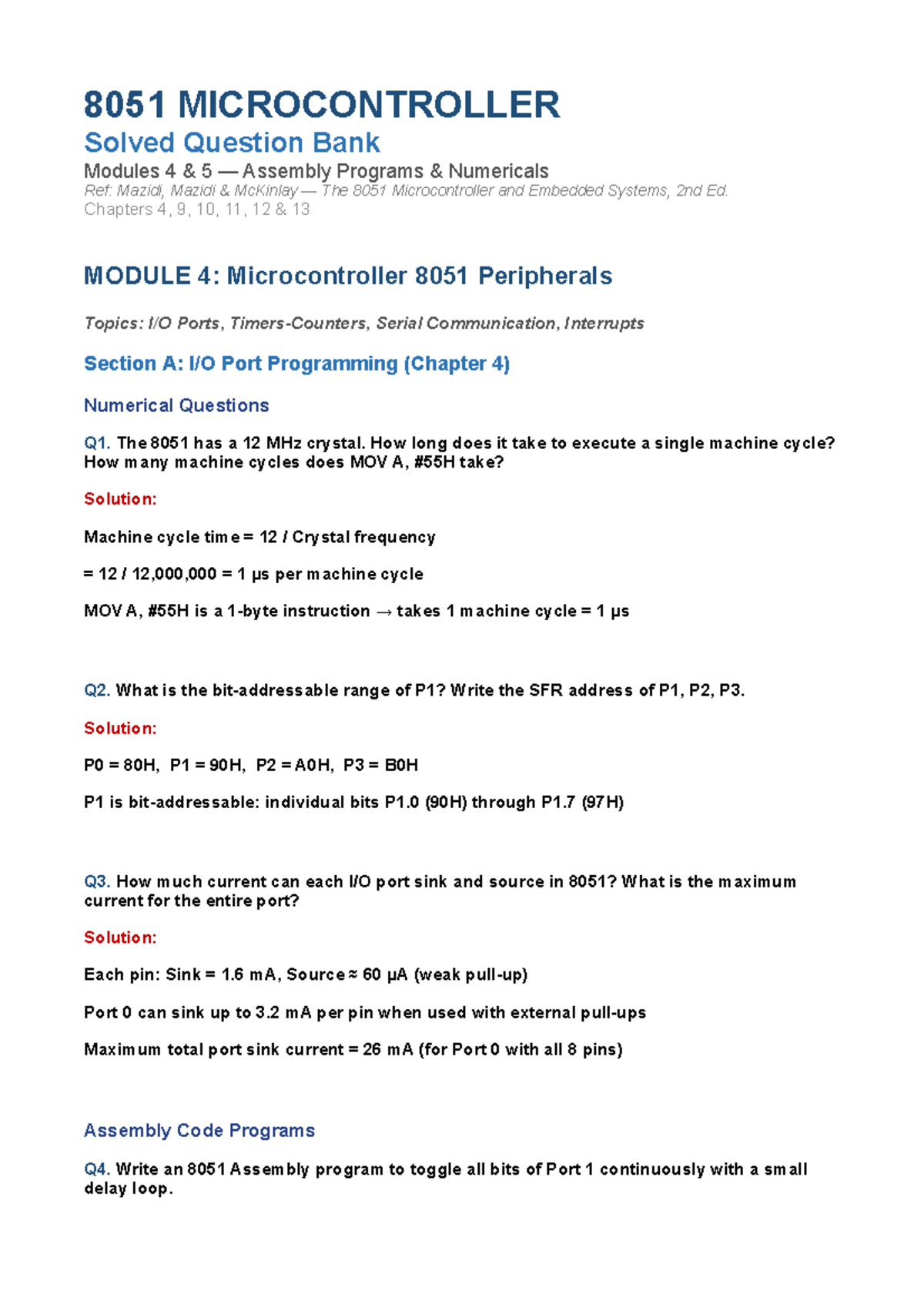 8051 Microcontroller CAT 2 Solved Question Bank: Assembly Programs ...