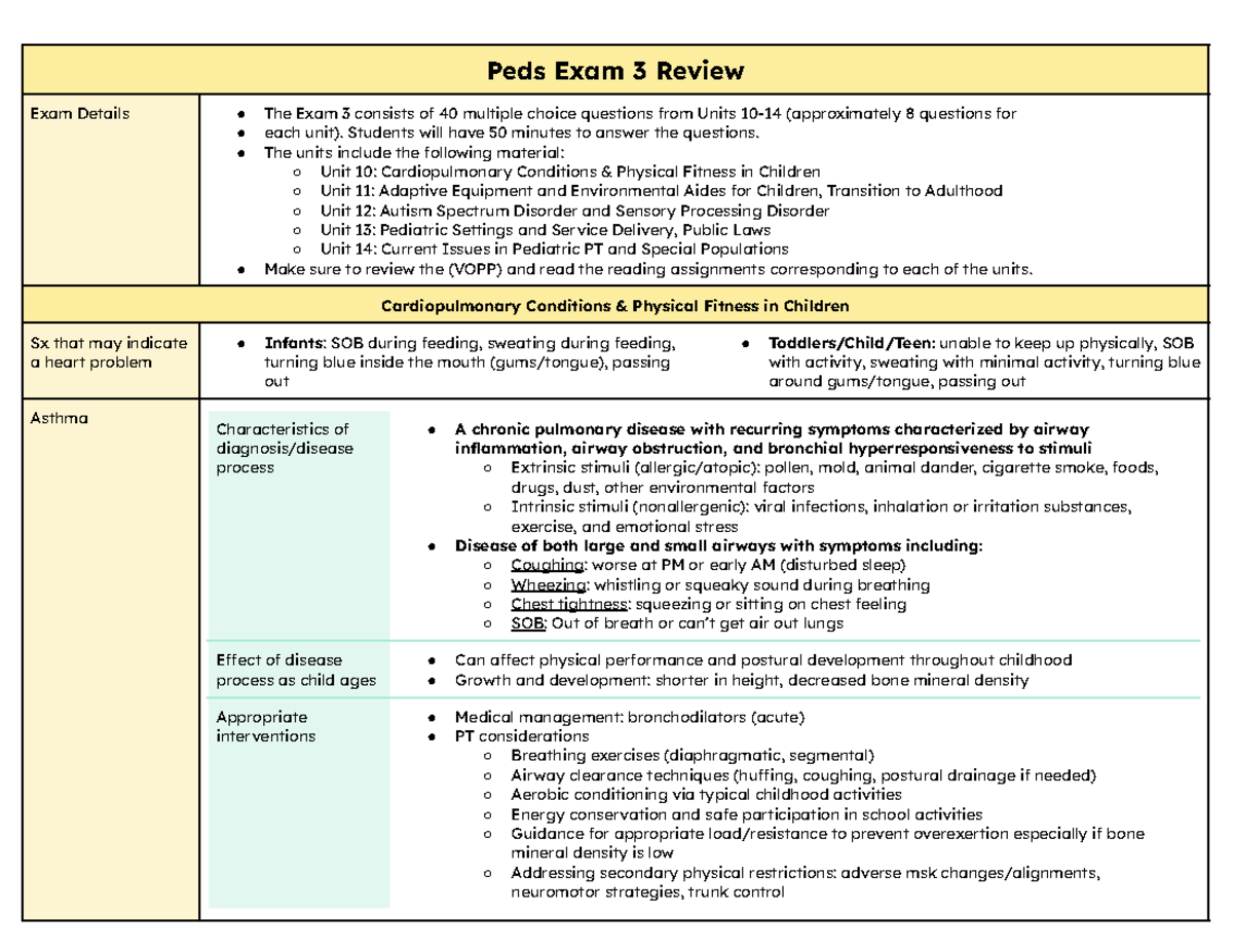 PEDS 3 Exam Review: Key Concepts & Interventions in Pediatric PT - Studocu