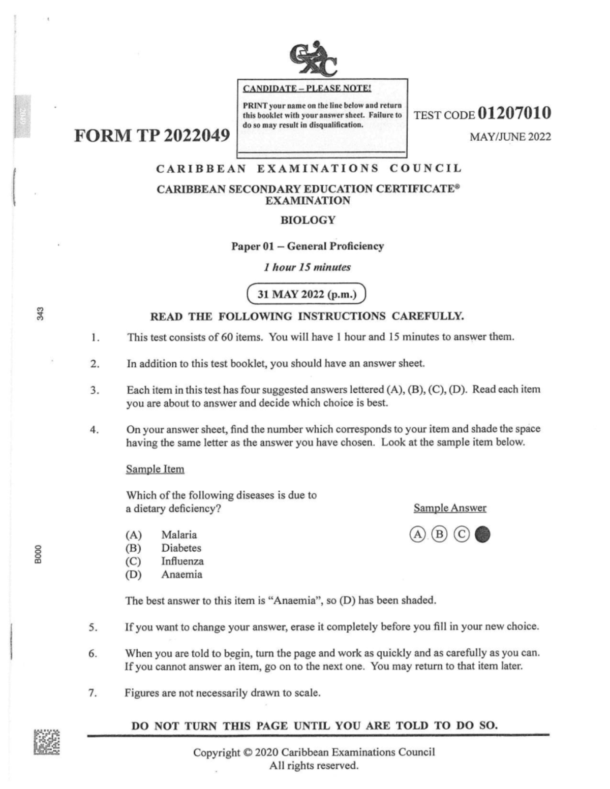 CSEC Biology 2022 Paper 01 Exam Instructions and Guidelines - Studocu