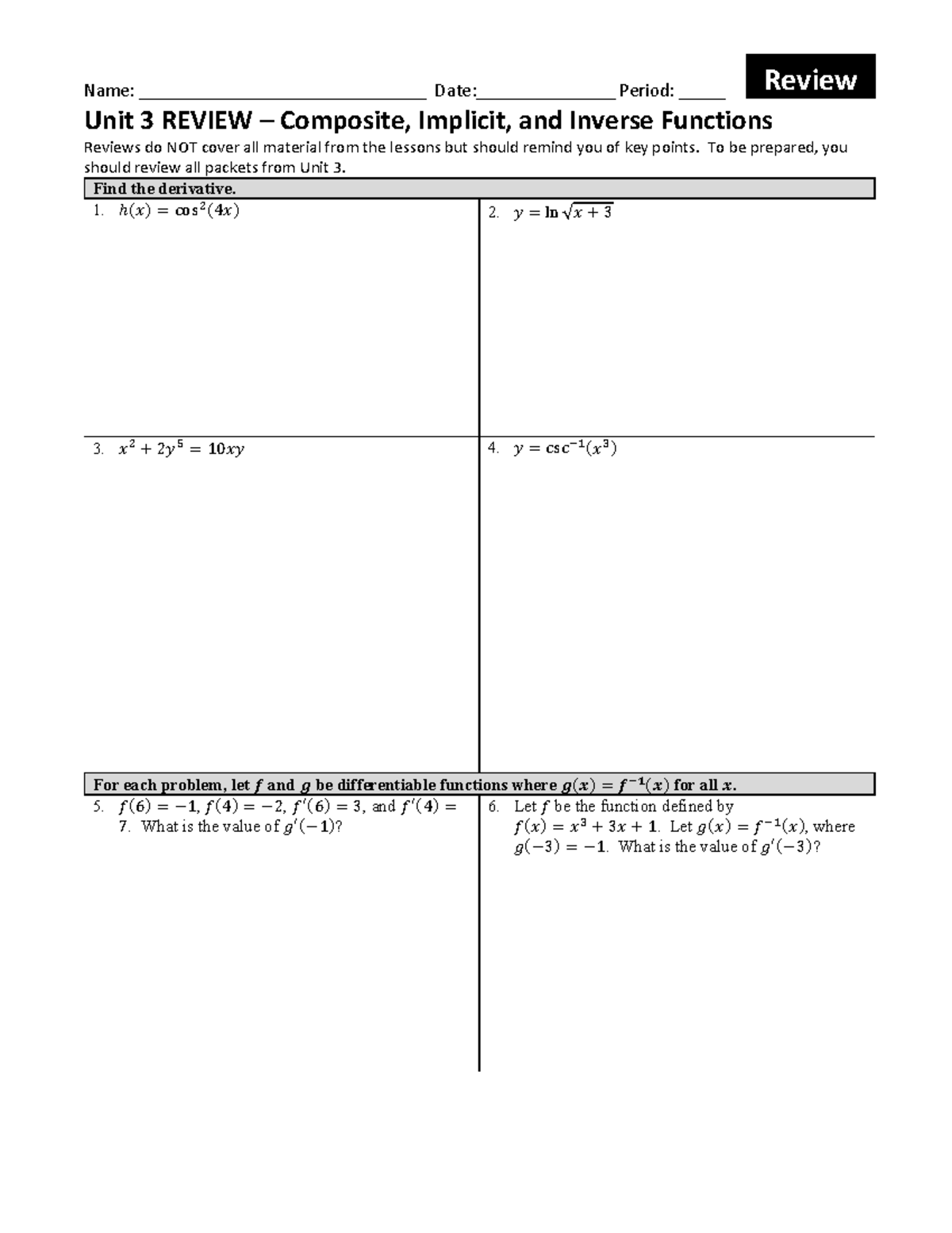 Review Unit 3: Composite, Implicit, and Inverse Functions - Studocu