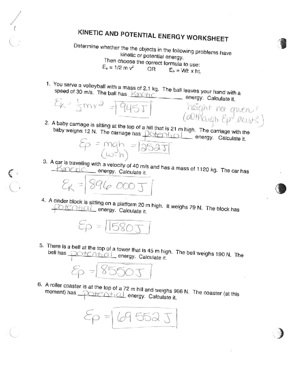 Kinetic and Potential Energy Worksheet (Physics 101) - Studocu