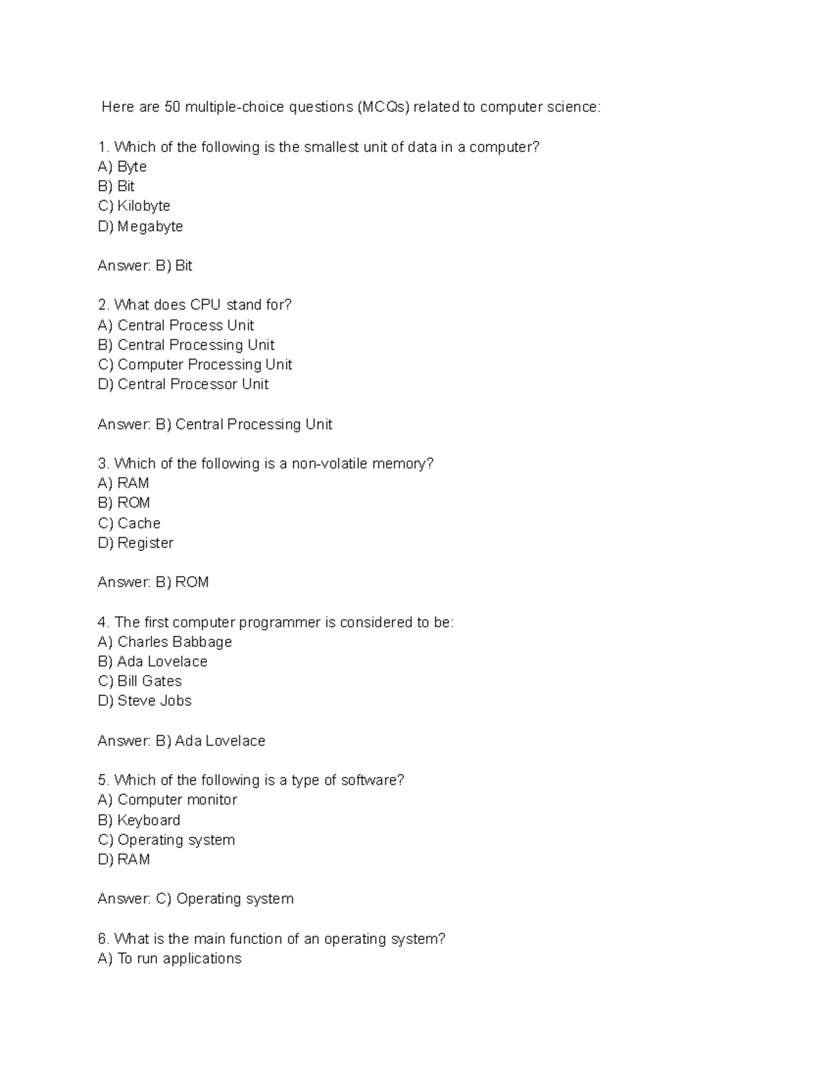 CS 809487299: 50 Essential MCQs for Computer Science - Studocu