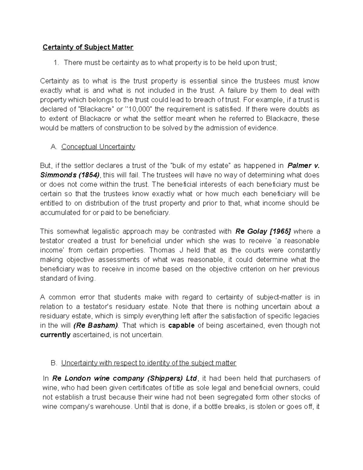 Certainty of Subject Matter in Trusts: Key Legal Considerations - Studocu