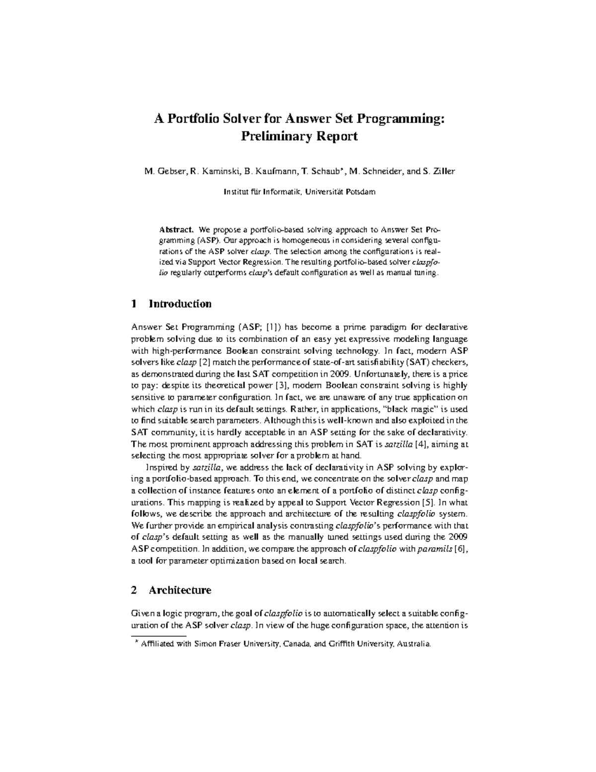 A Portfolio Solver for Answer Set Programming Preliminary Report ...