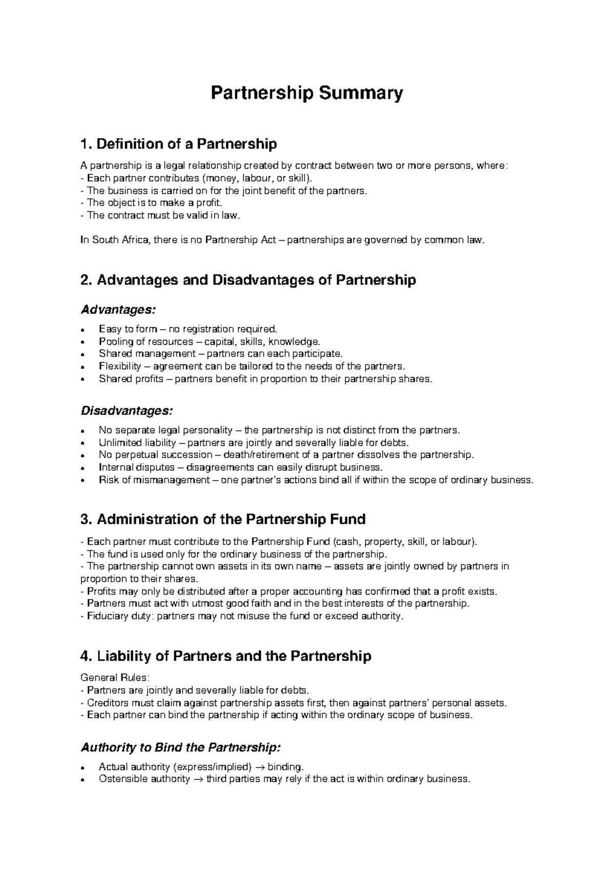 Partnership Summary: Key Concepts and Legal Implications - Studocu