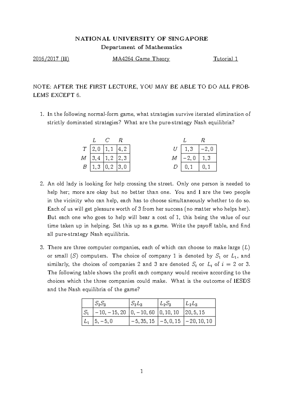 MA4264 - Game Theory Tutorial 1: Strategies & Nash Equilibria Analysis ...