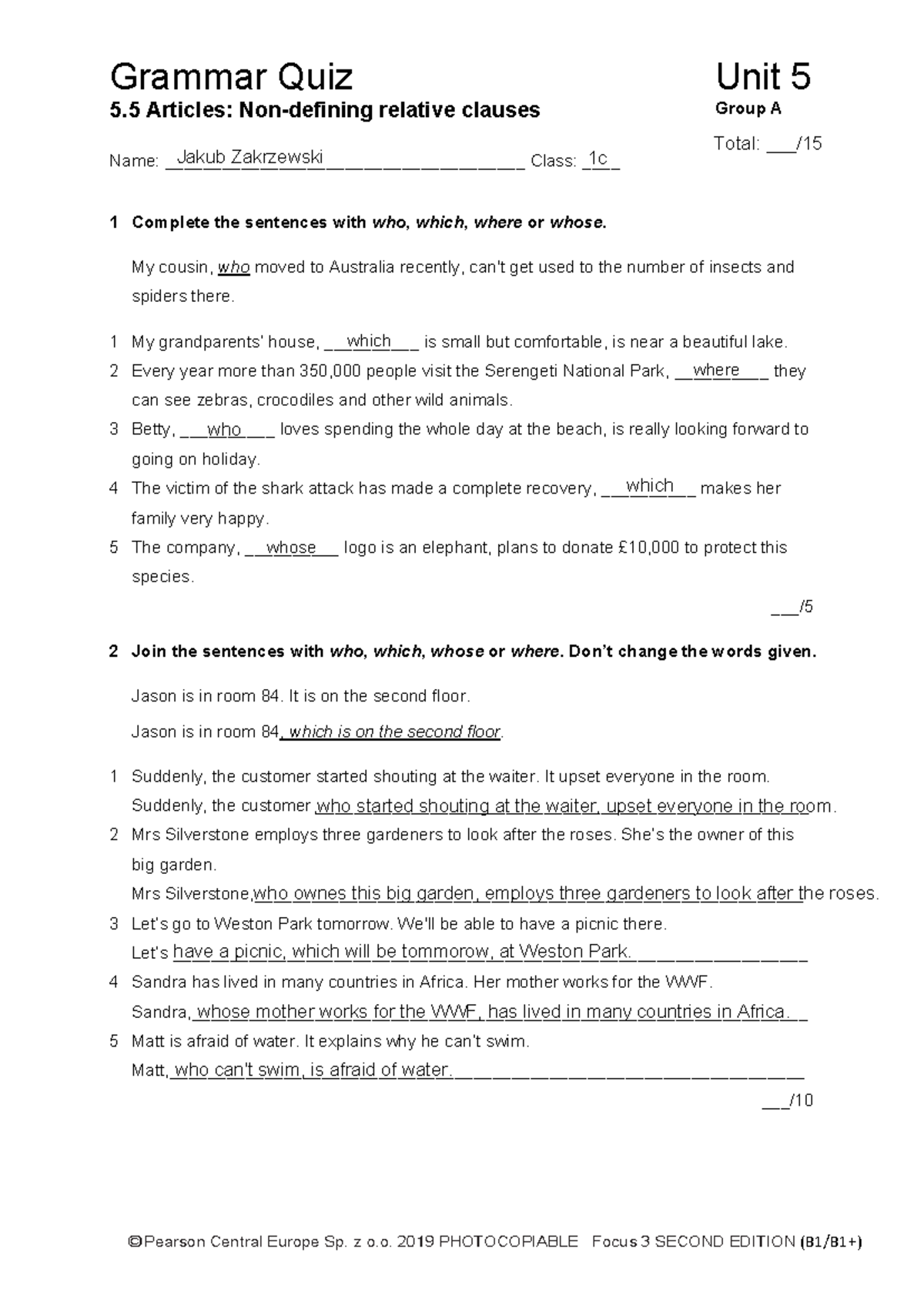 Focus 3 2E Grammar Quiz: Non-defining Relative Clauses Unit 5 - Studocu