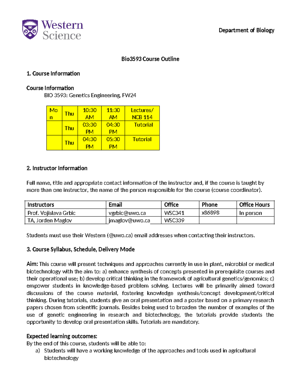 Bio3593 Genetics Engineering Course Outline and Syllabus Guide - Studocu
