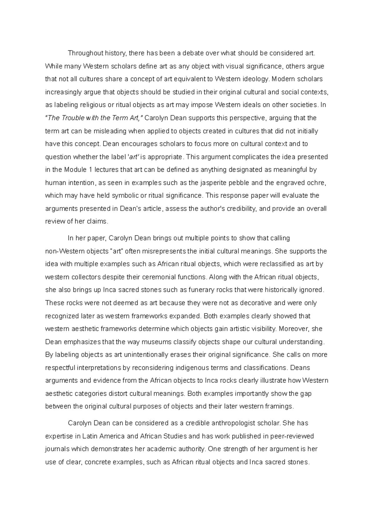 Reading Response Paper: Evaluating Carolyn Dean's Art Debate - Studocu