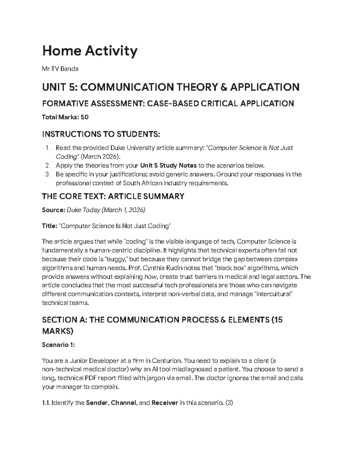 Unit 5: Communication Theory Application - Formative Assessment Guide ...