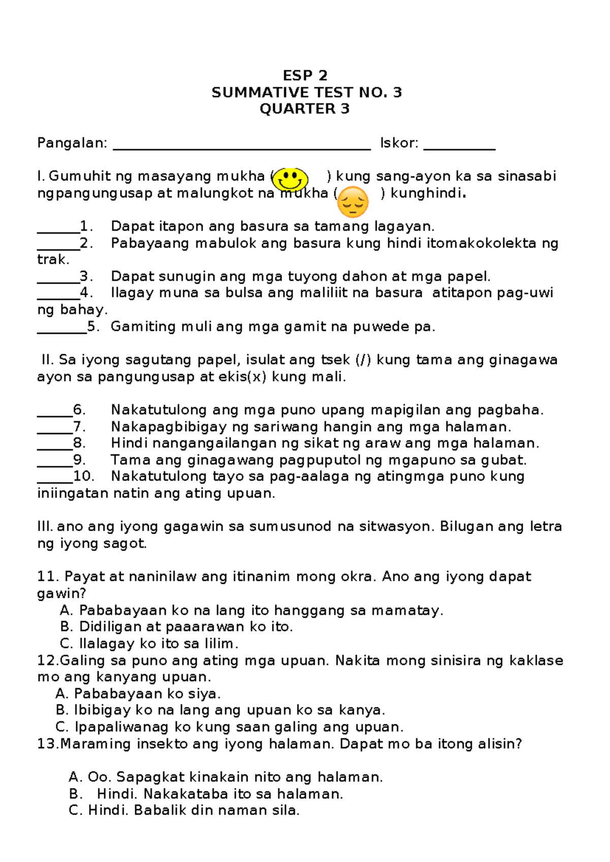 506868059 q3 Summative Esp 3 - ESP 2 SUMMATIVE TEST NO. 3 QUARTER 3 ...