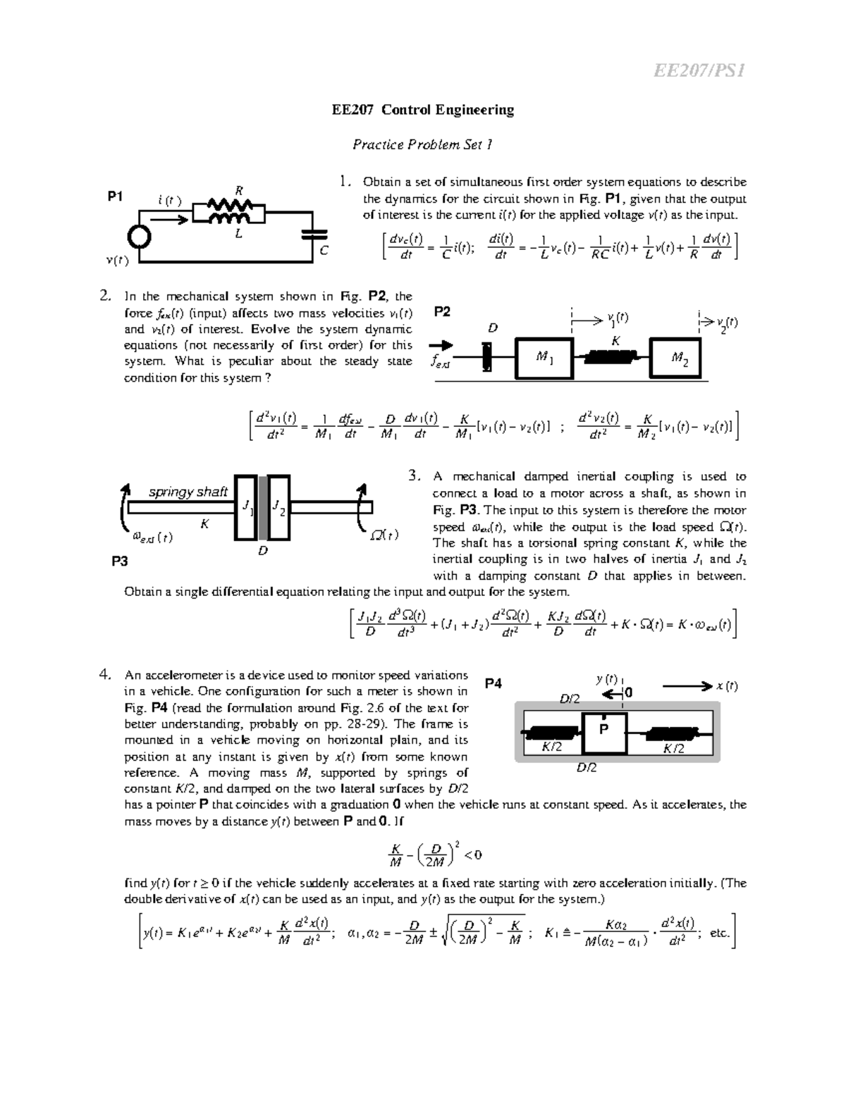 EE207 Control Engineering Practice Problem Set 1: System Dynamics ...