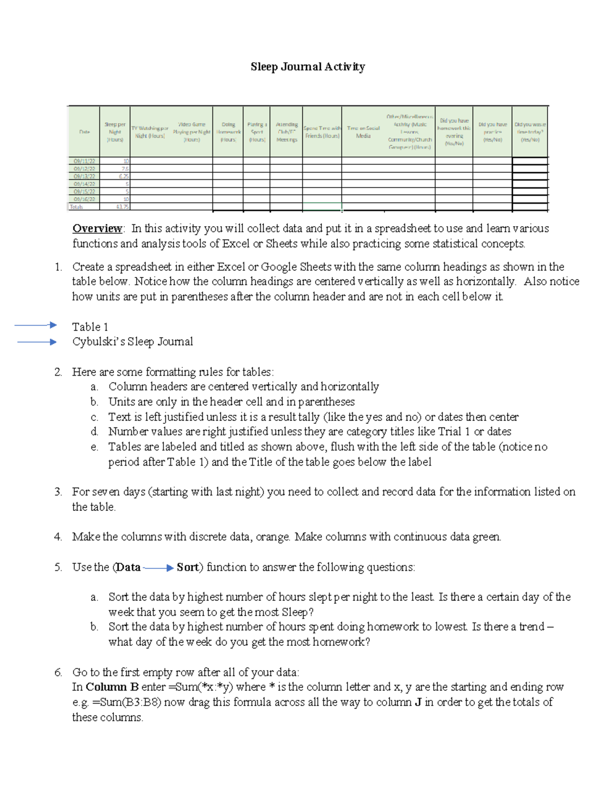 Sleep Journal Directions 1 - Sleep Journal Activity Overview: In this ...