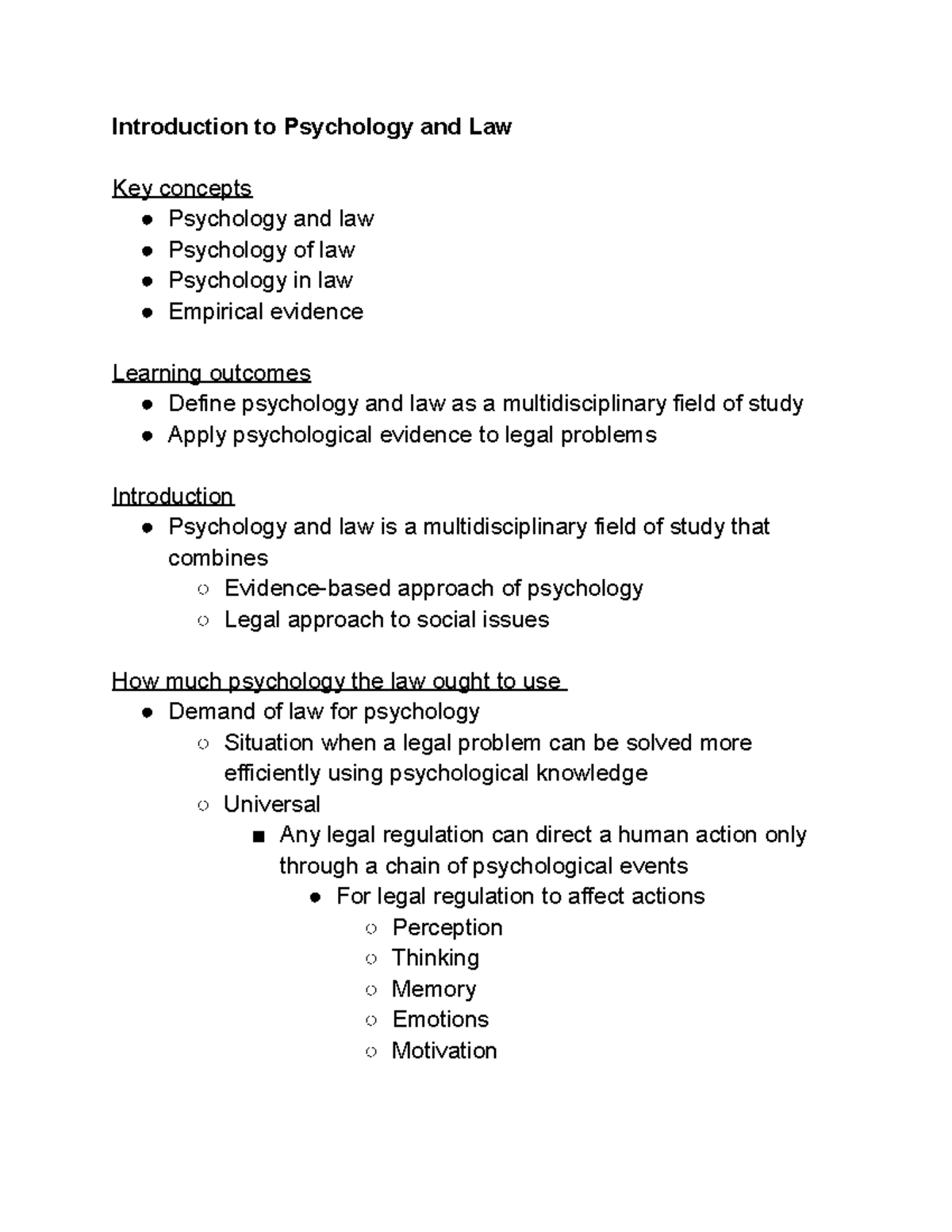 Psychology and Law Notes - A Multidisciplinary Approach (PSY 101) - Studocu