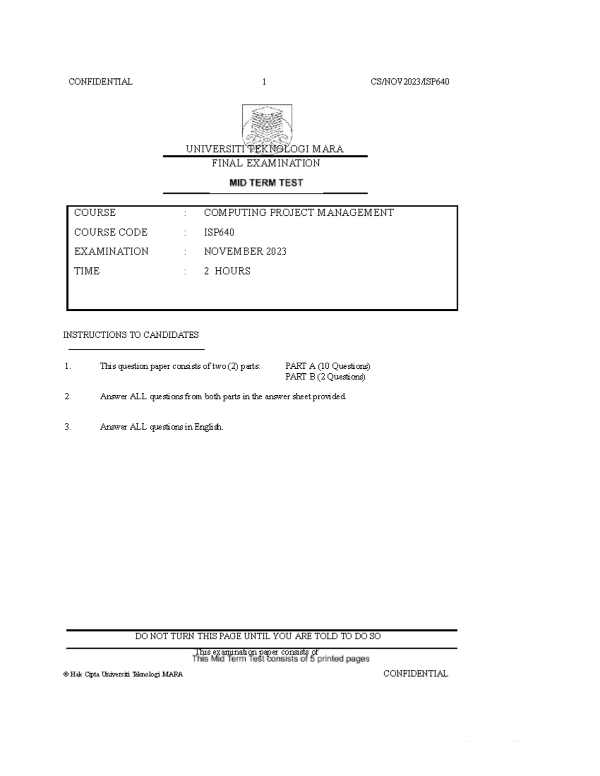 ISP640 Midterm Exam: Computing Project Management - Nov 2023 - Studocu