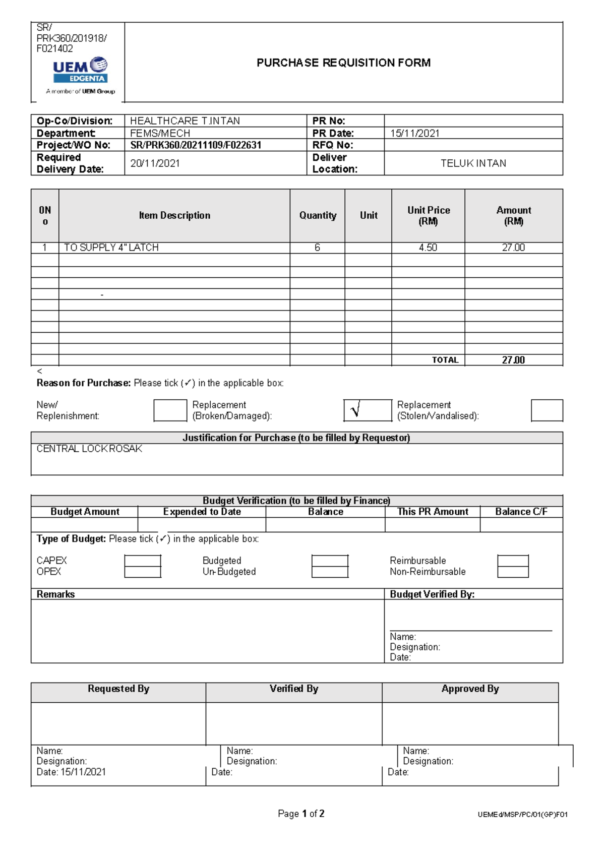F021402 PURCHASE REQUISITION FORM - Latch 22631 Notes - Studocu